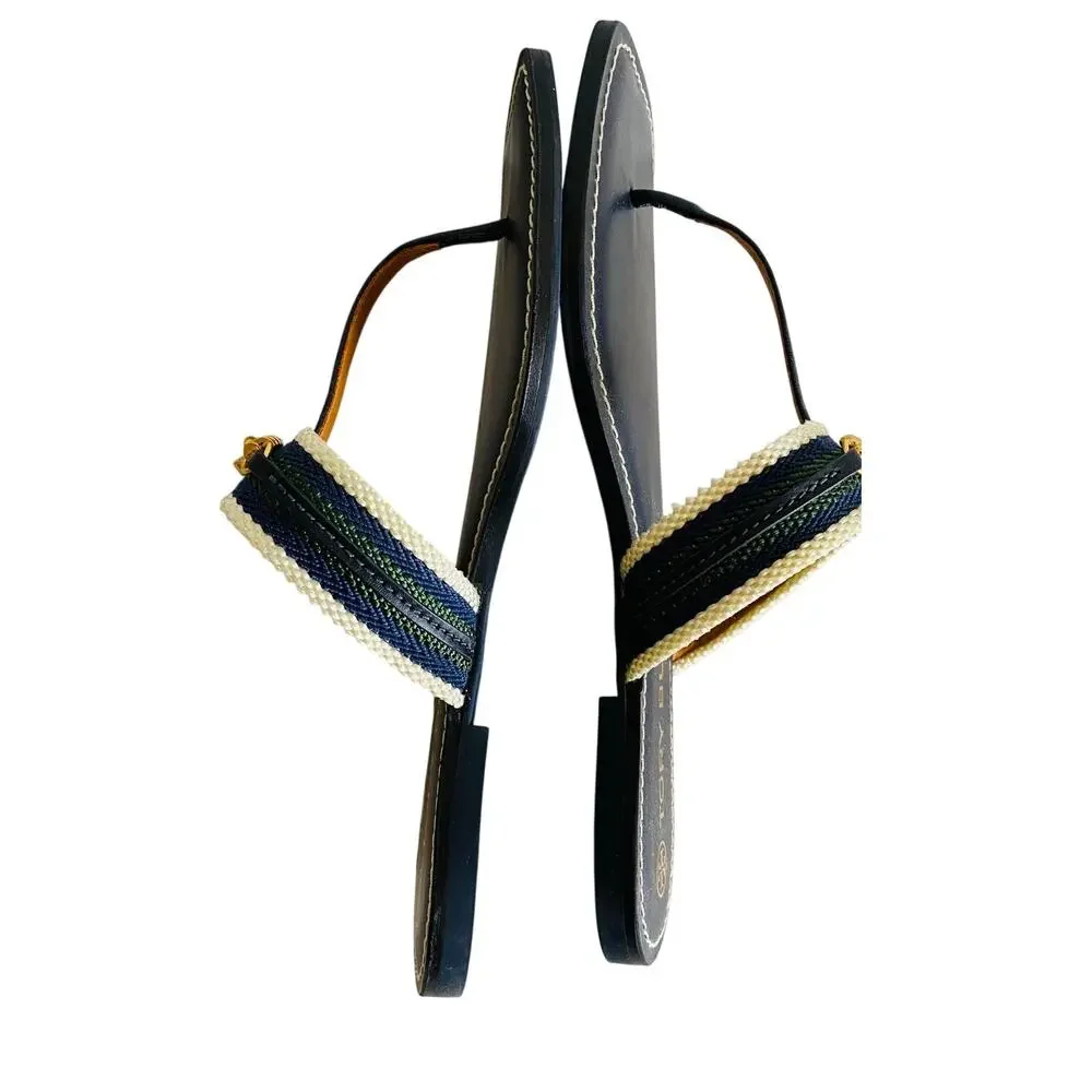 Tory Burch Jessa Navy‎ Leather Thong Sandals Dragon Chain Stripe Webbing 9.5